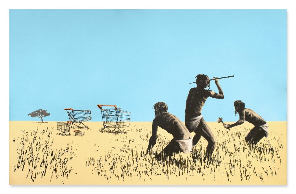Banksy image of early men throwing objects at trolley carts. This Banksy piece will feature in Sotheby's auction tonigt.