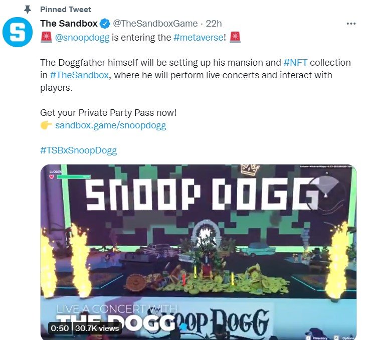 Official announcement of The Sandbox Snoop Dogg NFT collection via Twitter