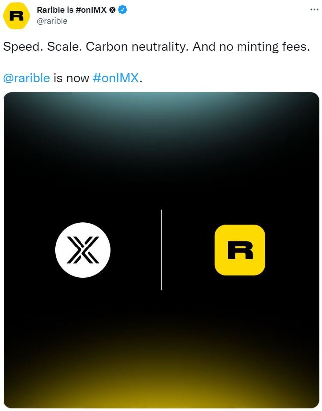 Twitter screenshot of an announcement by Rarible and Immutable X