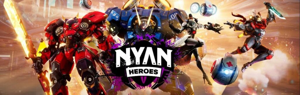 Image of Nyan Heroes characters fighting robots Genesis Guardians
