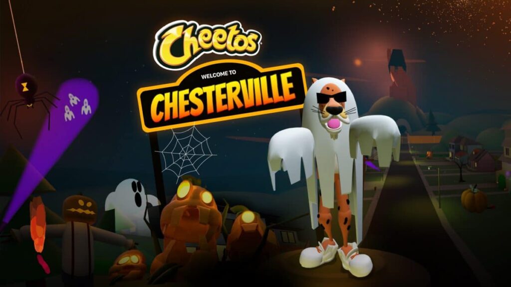 Vayner3 and Cheetos Launch “Chesterville” in Horizon Worlds Metaverse image of ther Cheetos metaverse world, with halloween theme