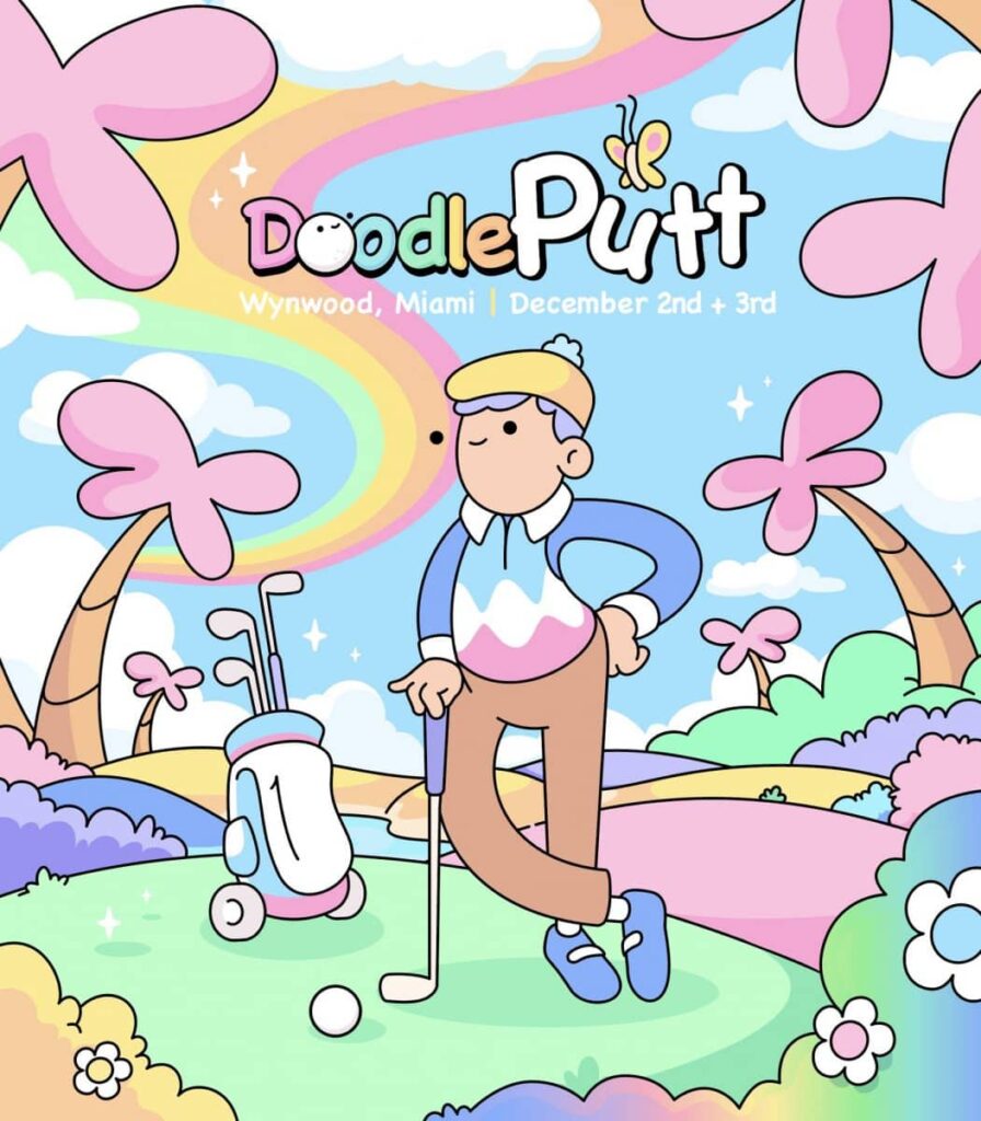 Doodles Golf Event Announced for Miami Image of the Doodles Golf event poster showing a character on a golf course