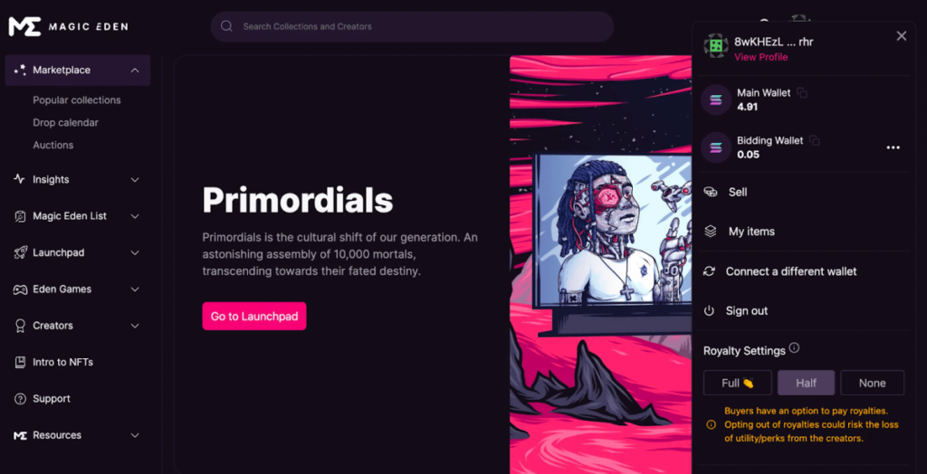 Magic Eden marketplace royalty settings