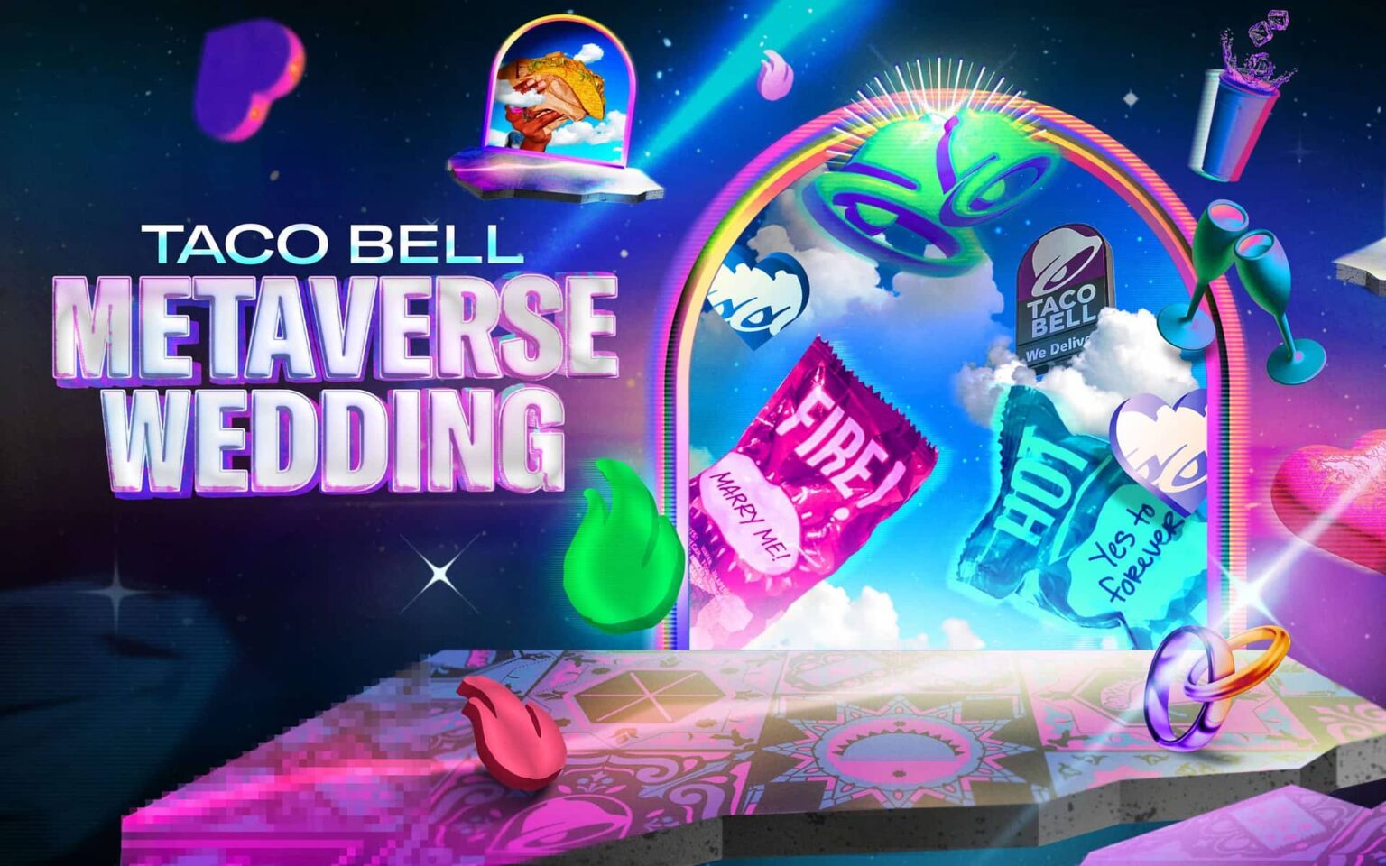 Taco Bell x Decentraland Are Hosting A Contest For Metaverse Wedding Taco Bell Metaverse Wedding poster showing a virtual stage with rings