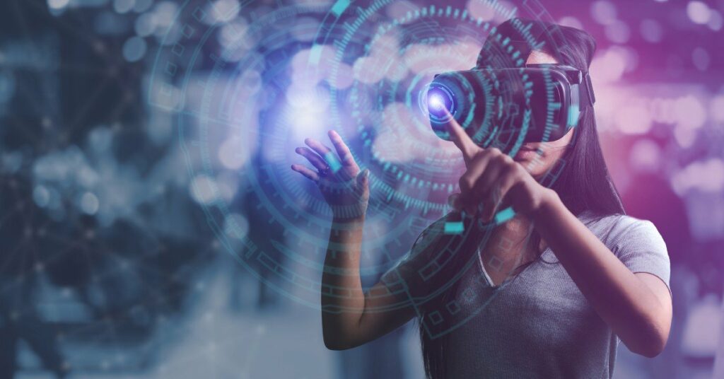 Metaverse Potential Above $900 Billion: Bain & Company Analysis Woman wearIng VR glasses and working “in the metaverse” , implying its future potential