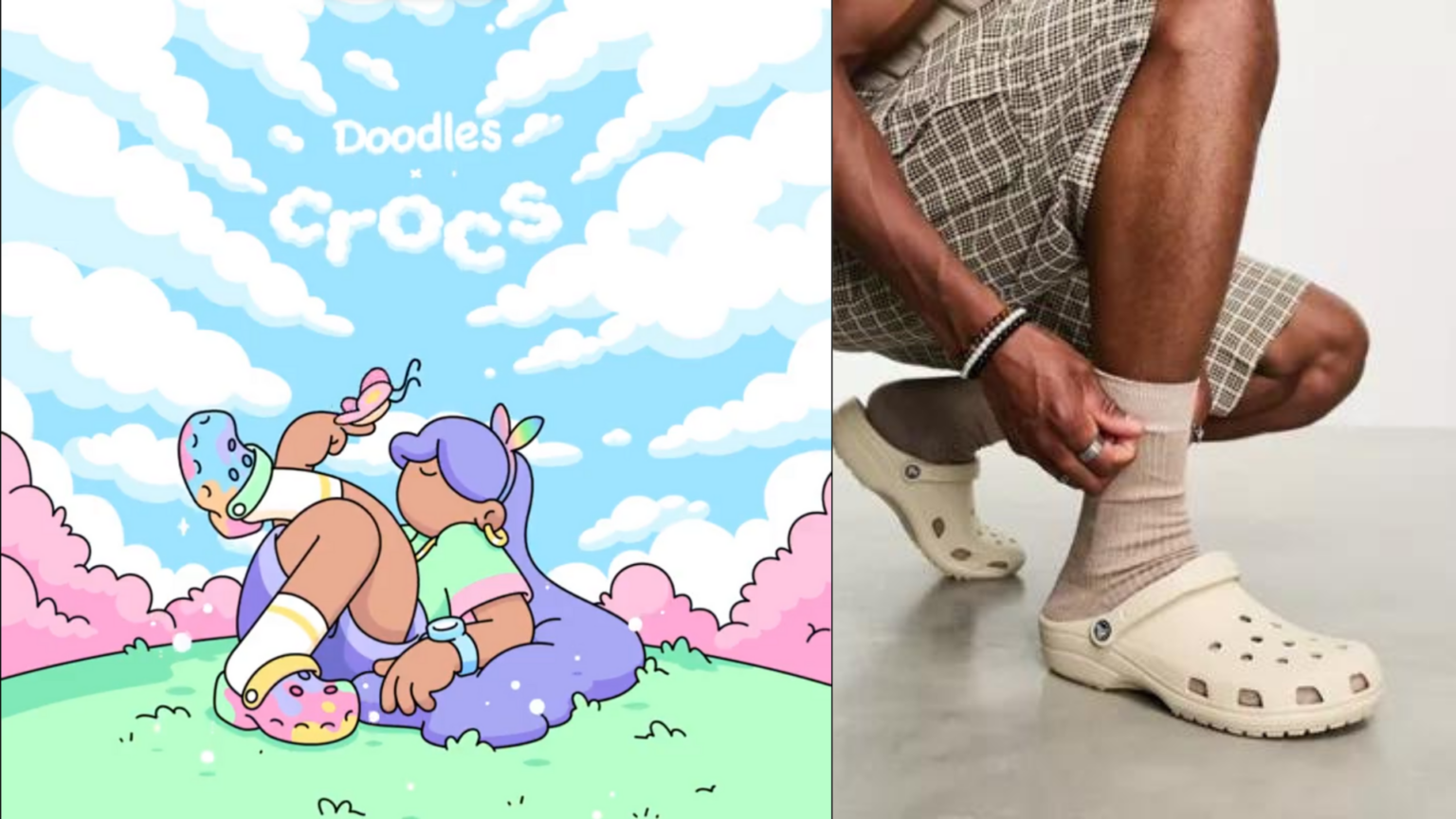 An image of a colorful poster announcing Doodles x Crocs collaboration